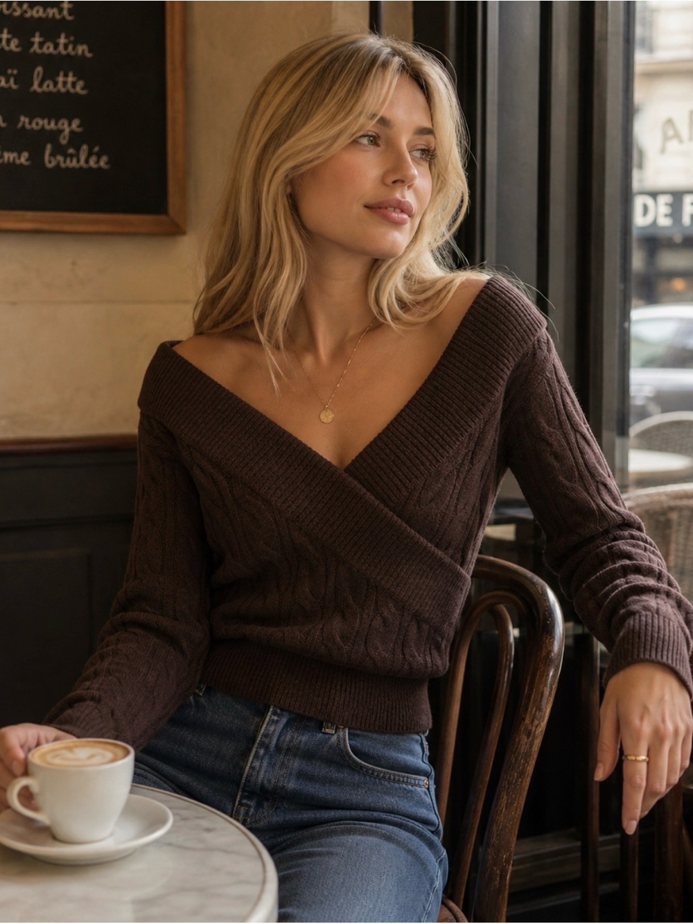 Commense Brown Cable-Knit V-Neck Sweater